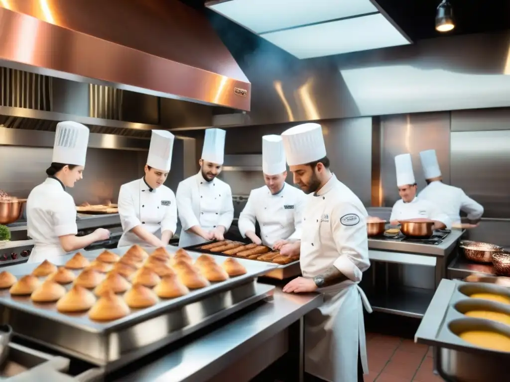 Escena culinaria francesa: pasión y precisión en la cocina Estudiantes de una escuela de cocina francesa, concentrados en sus tareas en una cocina bulliciosa y tradicional