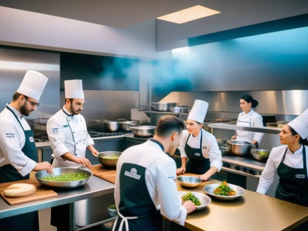 Estudiantes en una escuela culinaria francesa, atentos a la demostración de un instructor