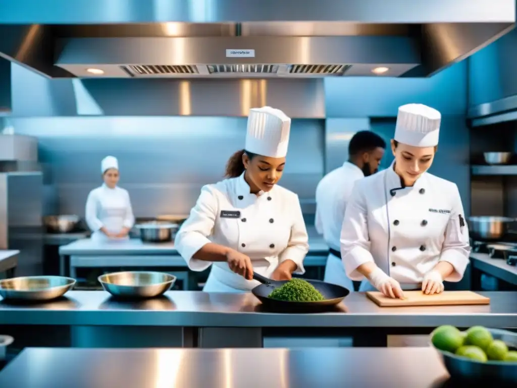 Estudiantes en escuela culinaria francesa, colaborando en tareas de cocina