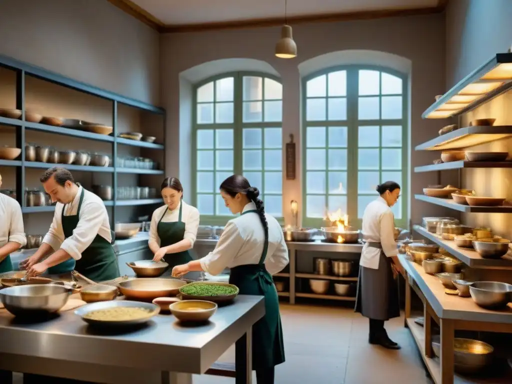 Estudiantes de escuela culinaria en Francia siguiendo recetas antiguas con dedicación