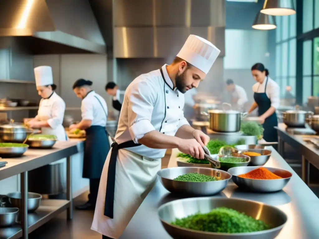 Estudiantes de éxito en una cocina de una escuela culinaria francesa, trabajando en equipo con pasión y dedicación