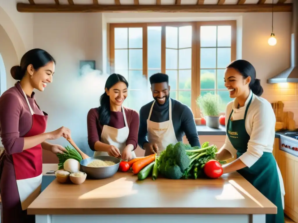 Estudiantes internacionales disfrutan de clase de cocina francesa en cocina tradicional