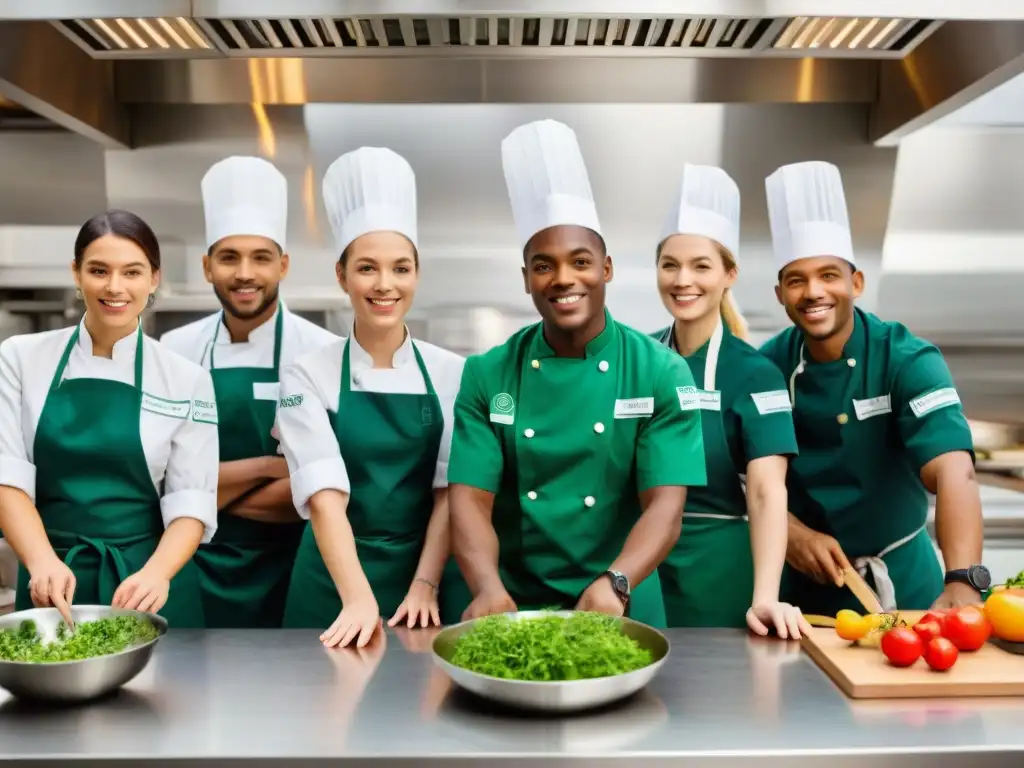 Estudiantes de escuela gastronomía sostenible Francia cocinan juntos en cocina ecoamigable