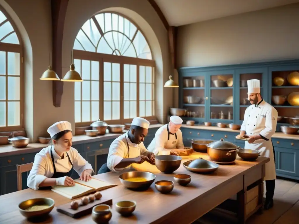 Estudiantes preparando recetas antiguas en escuela culinaria de Francia