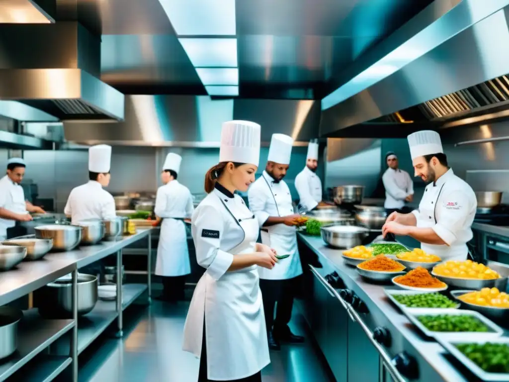 Estudiantes en uniforme de chef preparan platos gourmet en una cocina escolar francesa