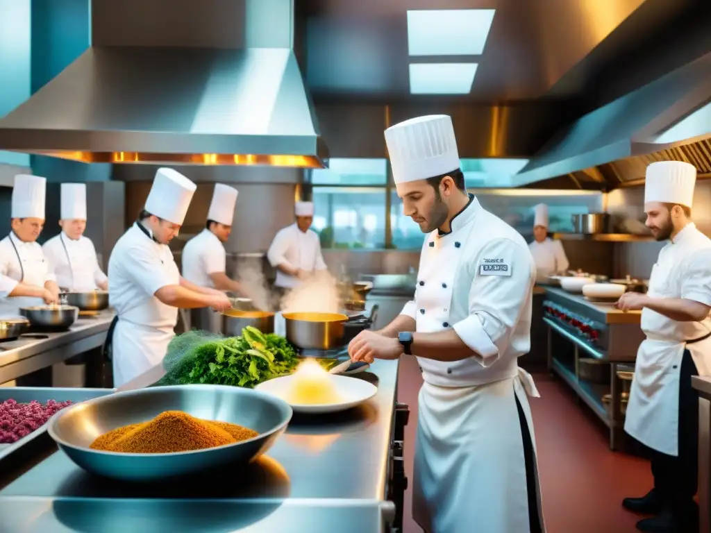 Estudiantes en uniformes blancos en cocina de escuela culinaria francesa