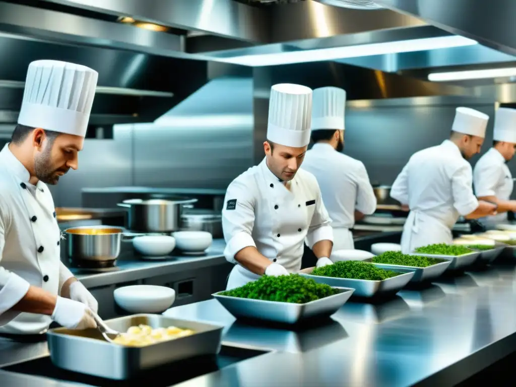 Estudio de cocina con chefs estrella Michelin en Francia, preparando exquisitos platos con precisión y enfoque