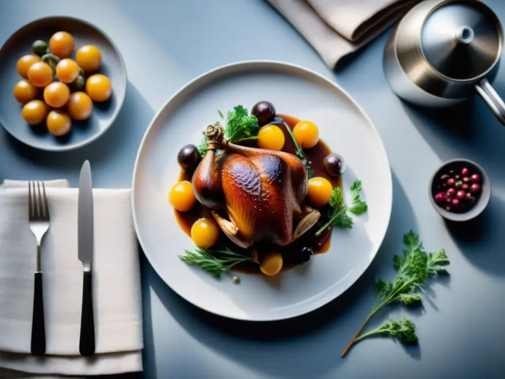 Un estudio de fotografía gastronómica contemporáneo capturando un plato francés clásico con precisión y arte