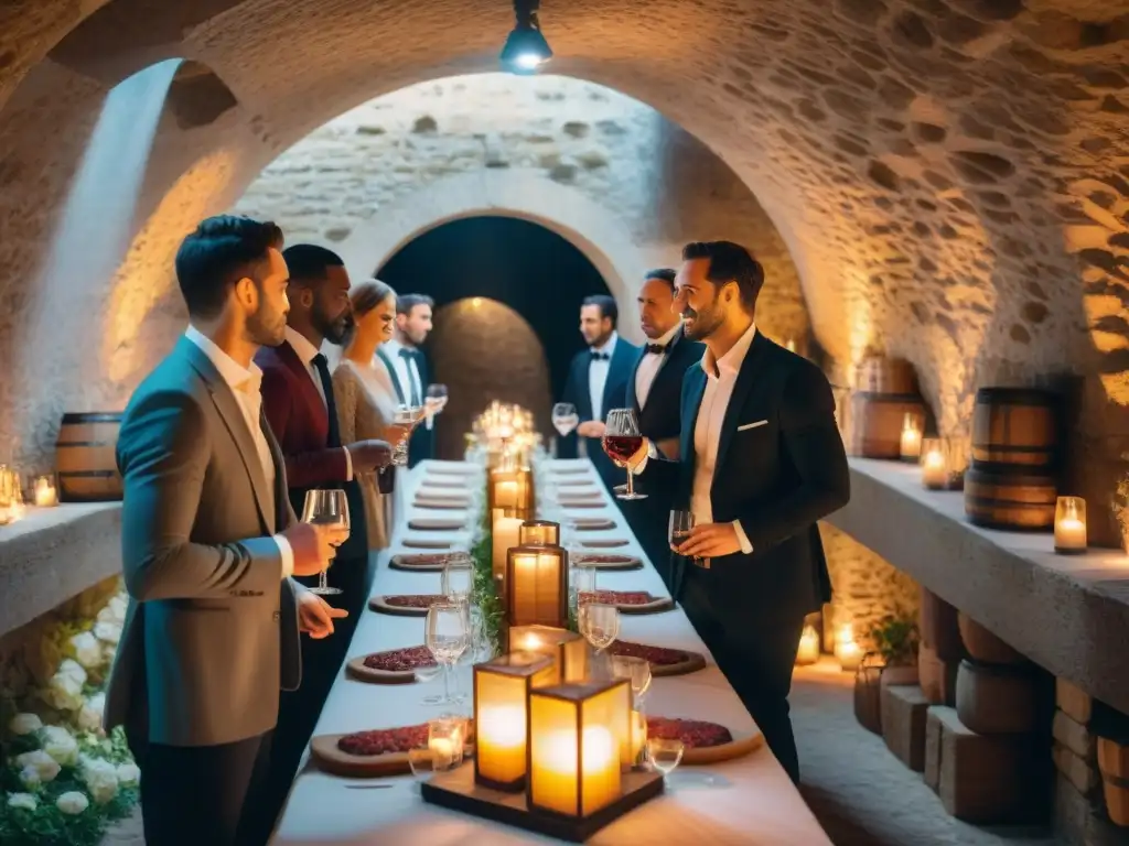 Un evento gastronómico secreto en Francia: una bodega parisina bulliciosa y elegante, con invitados disfrutando de exquisitas delicias francesas