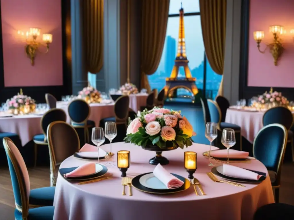 Decoración de evento inspirada en París con centro de mesa de Torre Eiffel rodeado de flores en tonos rosa, negro y dorado