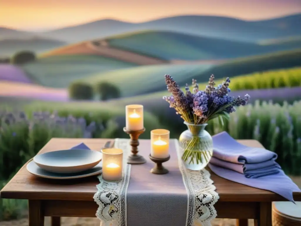 Decoración eventos estilo francés rústico: Mesa de madera con encajes, flores vintage y vajilla de plata en ambiente campestre francés