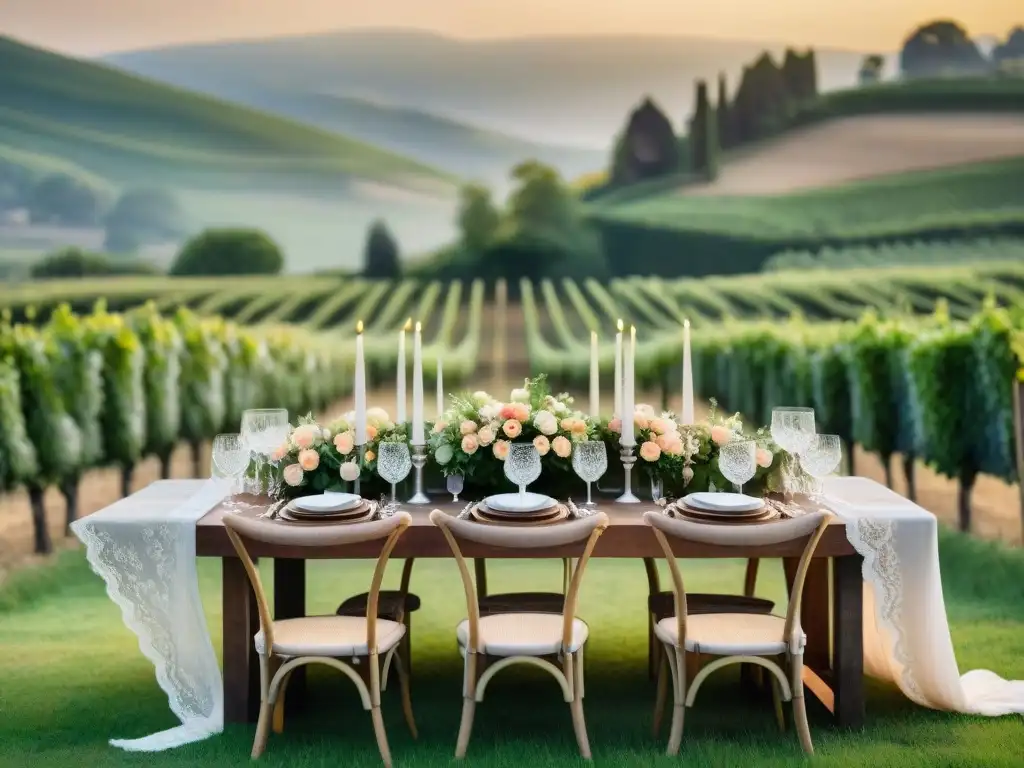 Decoración eventos estilo francés rústico: Mesa de banquete de madera con arreglos florales elegantes en un viñedo pintoresco