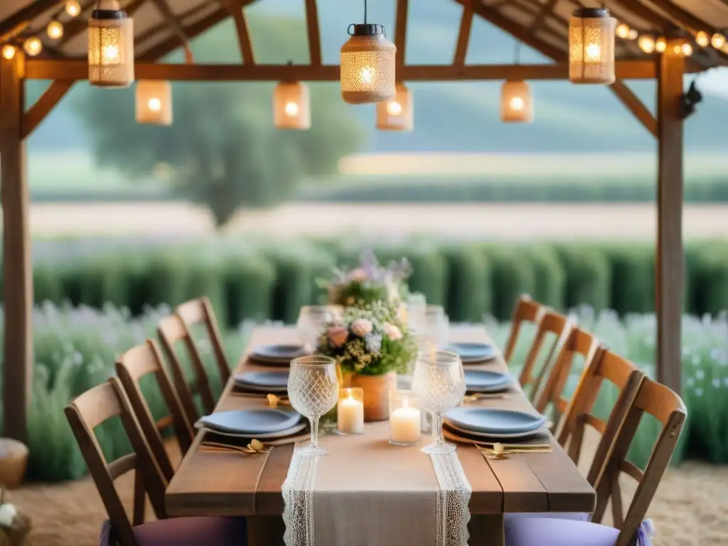 Decoración eventos estilo francés rústico: Mesa de madera larga con fina vajilla, cristalería elegante y flores en tonos pastel en un entorno campestre francés encantador