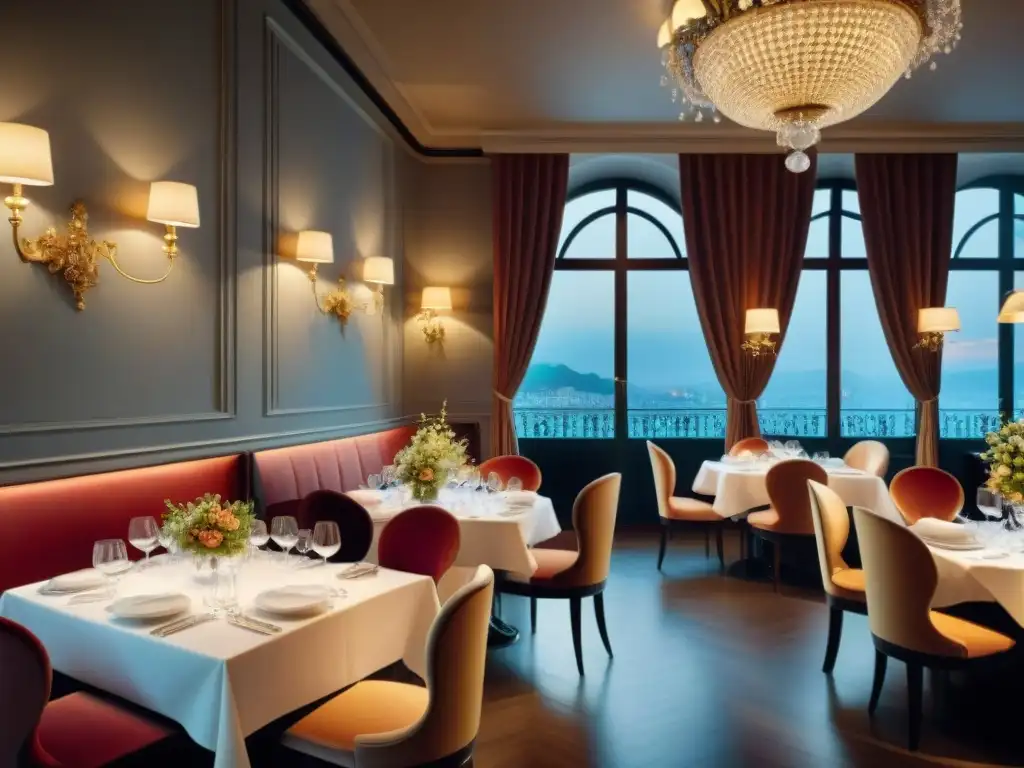 Exclusivo restaurante estrella Michelin en Francia con elegante ambiente y fina vajilla