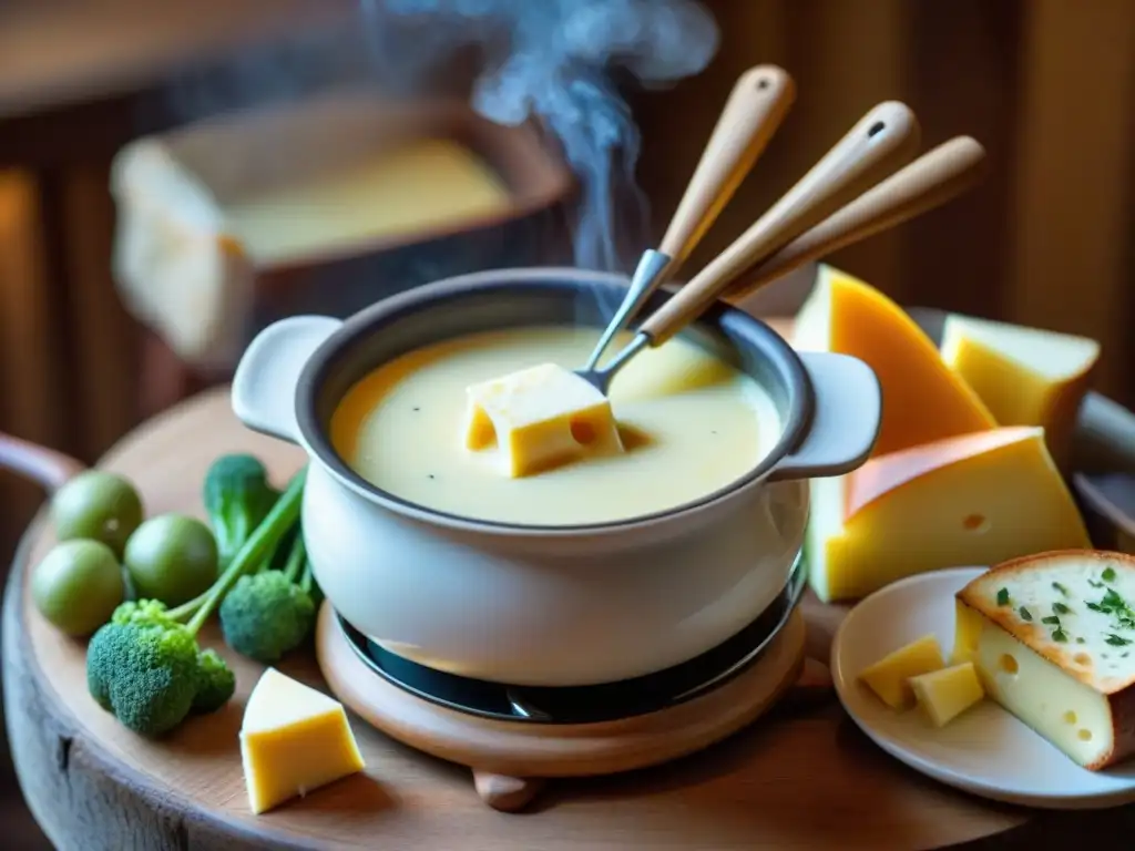 Experiencia acogedora de fondue queso francés con utensilios tradicionales y panes variados en mesa rústica