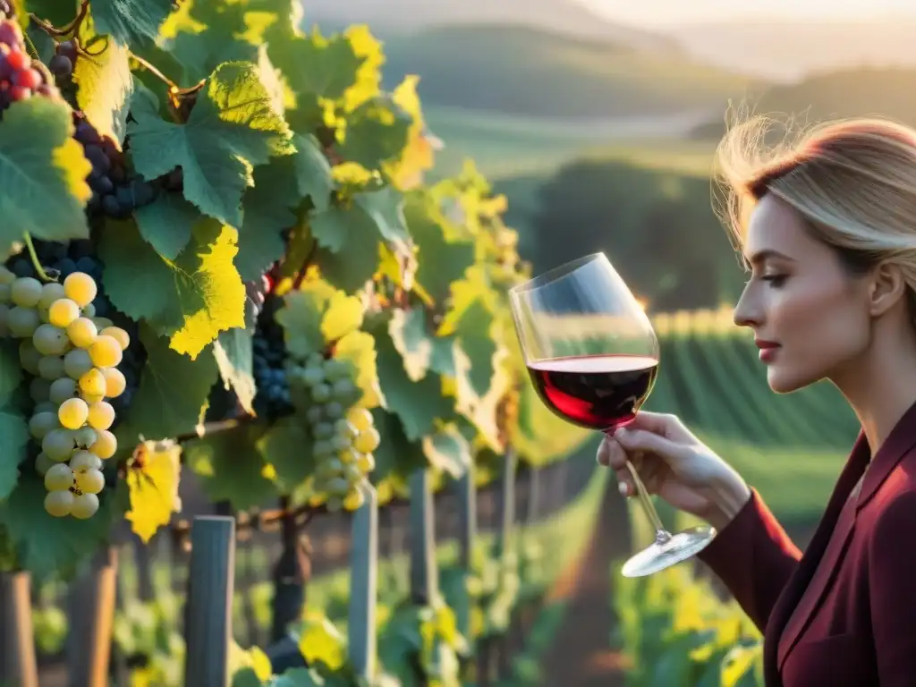 Experiencia en bodegas francesas: sommelier experto degustando vino tinto en viñedo al atardecer