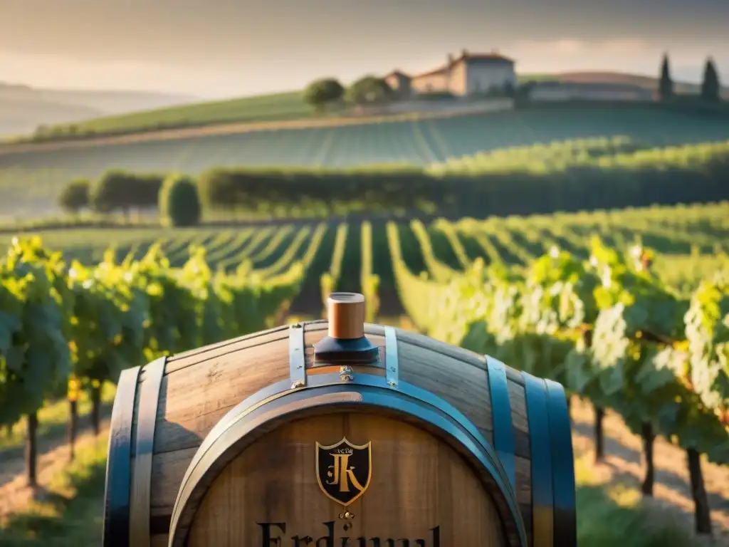 Experiencia en bodegas francesas: Viñedo exuberante con viñedos ordenados, bodega rústica al fondo y barrica en primer plano