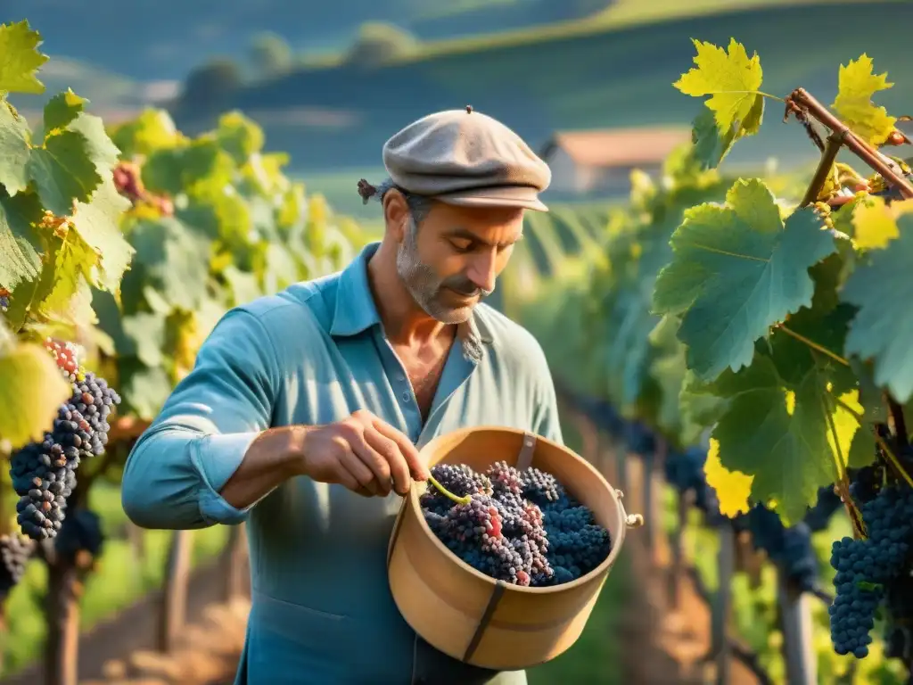 Experiencia en bodegas francesas gastronomía: Viticultores expertos cosechando uvas en viñedo tradicional al amanecer