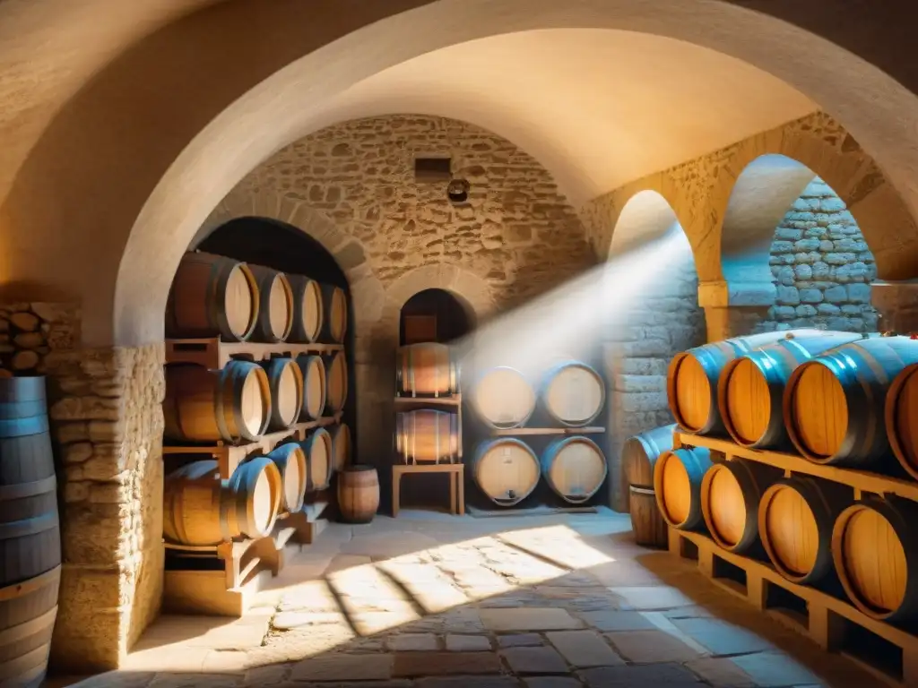 Experiencia de cata en bodega antigua en Francia con barricas, botellas y ambiente misterioso iluminado por ventana arqueada