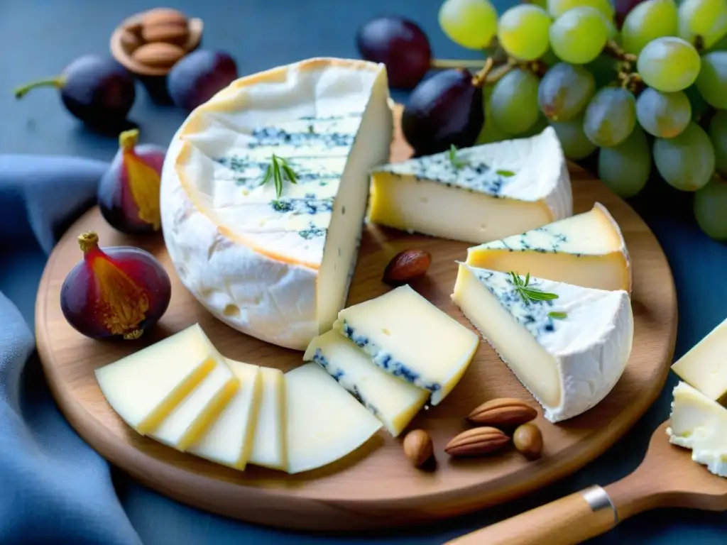 Una experiencia de cata de quesos franceses más icónicos sabores: Brie, Camembert y Roquefort, con uvas, higos y nueces