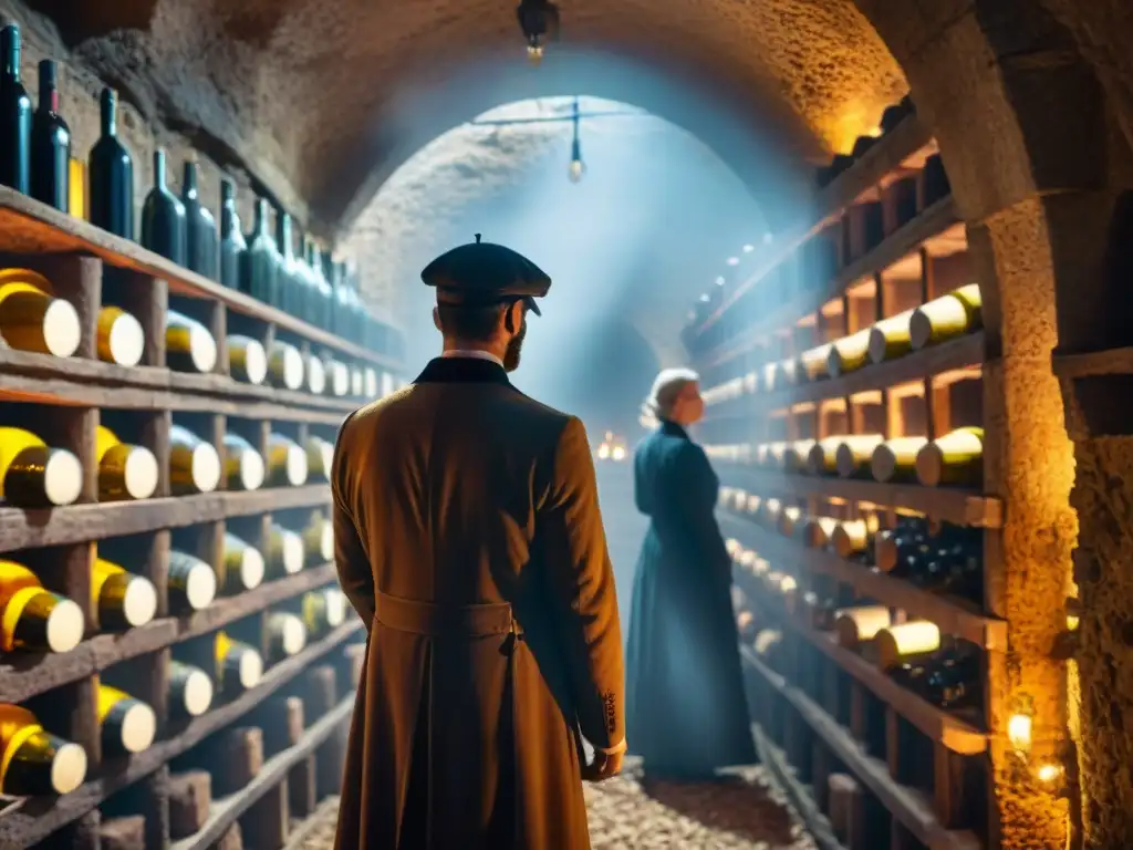 Experiencia de cata vinos antiguos Francia: sommelier examinando botella en bodega subterránea iluminada