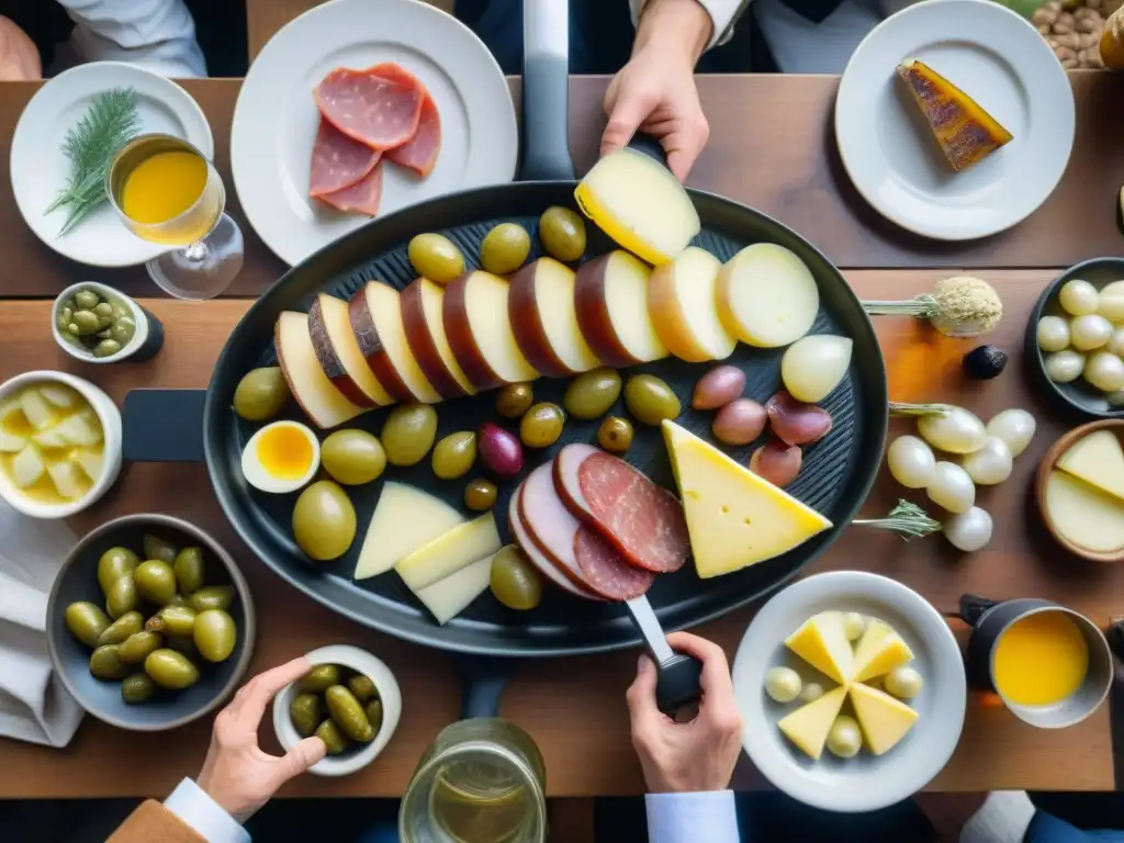 Experiencia culinaria francesa en un Raclette Grill: escena detallada de una cena con Raclette, personas elegantes y ambiente acogedor