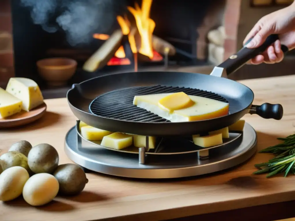 Experiencia culinaria francesa con Raclette Grill: queso fundido, carnes, verduras y papas en un ambiente acogedor y auténtico