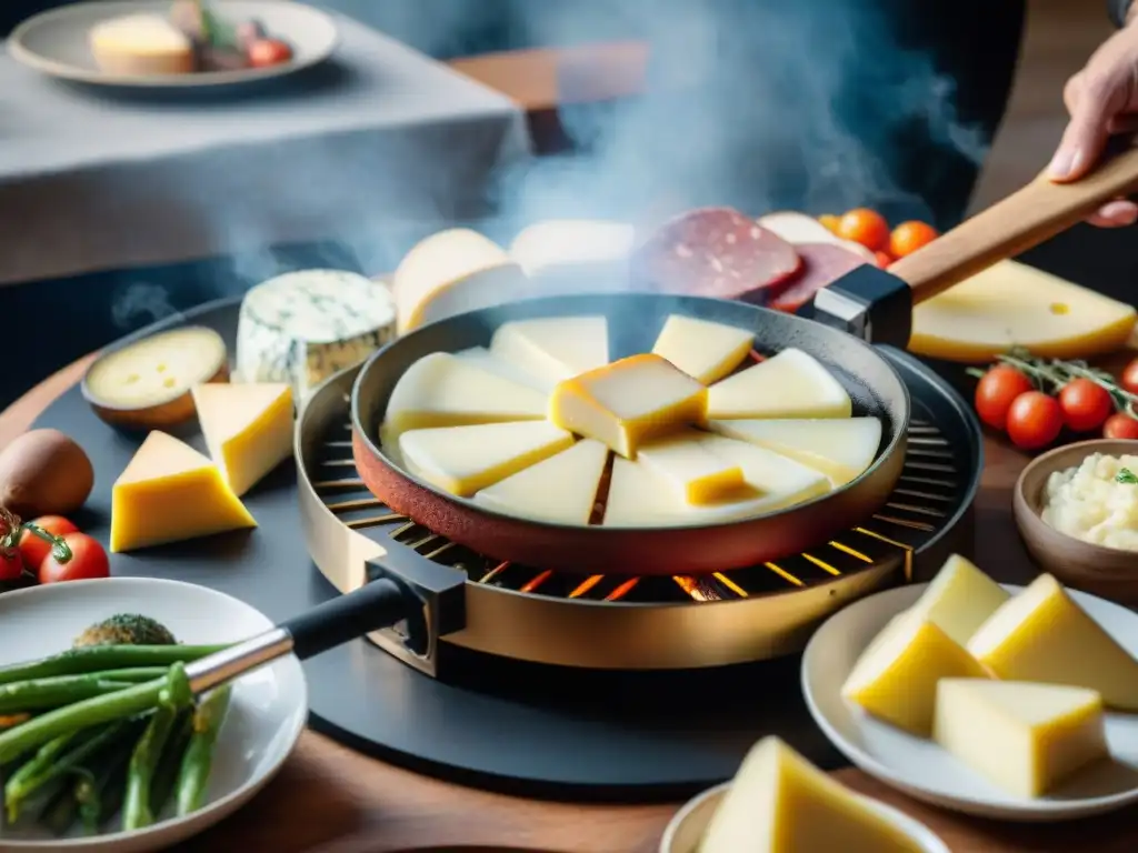 Una experiencia culinaria francesa: raclette grill con queso, papas, embutidos y verduras, en ambiente cálido y familiar