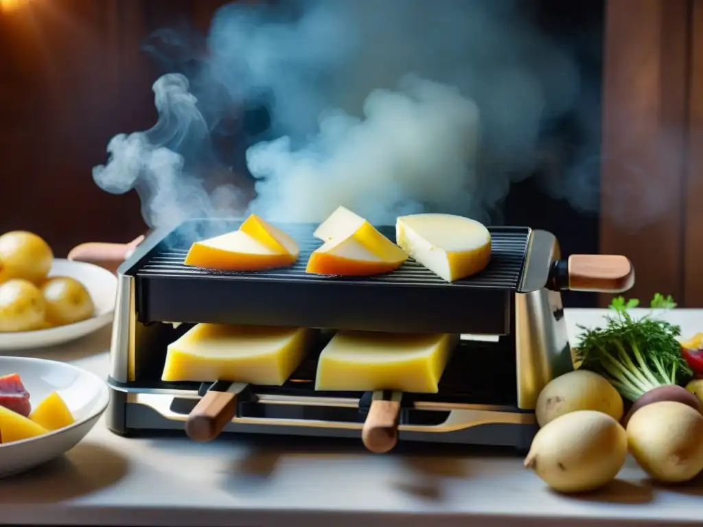 Experiencia culinaria francesa: Raclette Grill derritiendo quesos premium sobre patatas, embutidos y vegetales