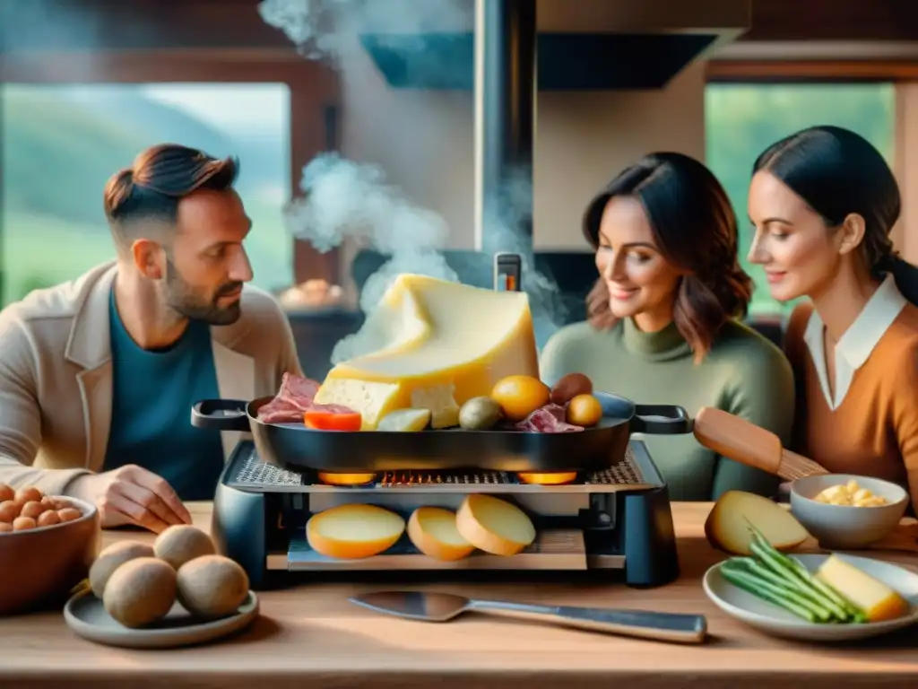 Experiencia culinaria francesa con Raclette Grill: familia tradicional disfruta de una deliciosa comida casera con queso fundido