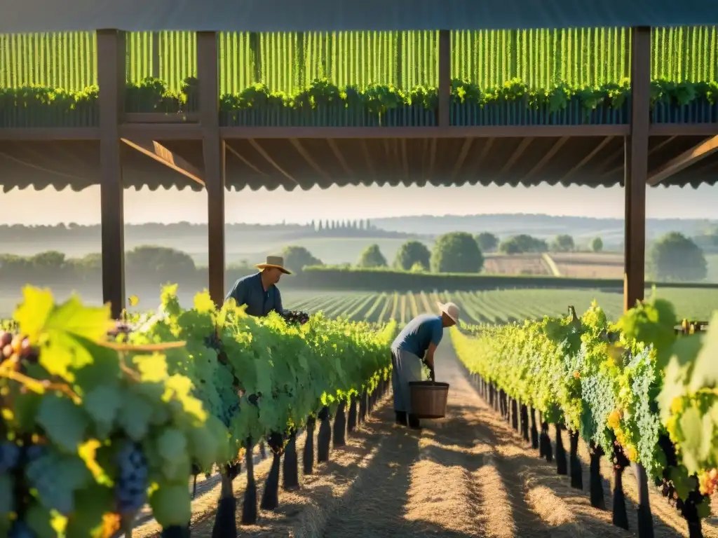 Experiencia y destreza en la producción de vino en Château Francés, recolección de uvas al amanecer