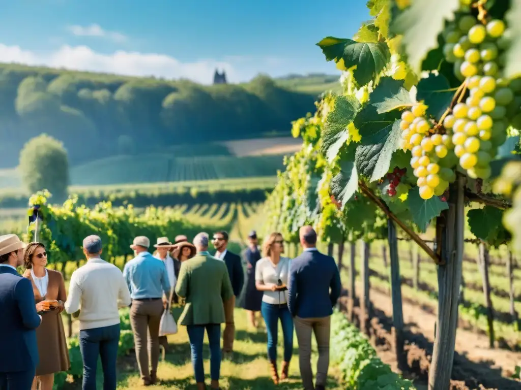 Tour educativo por viñedo francés: degustación de sidra sin alcohol Una experiencia educativa en un viñedo francés, con visitantes escuchando sobre Sidras francesas sin alcohol