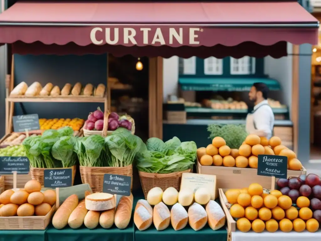 Una experiencia gastronómica auténtica en un bullicioso mercado al aire libre en Francia, con productos frescos, quesos artesanales y baguettes