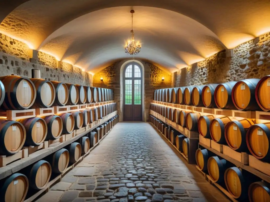 Experiencia gastronómica en bodega tradicional de Burdeos con barricas de vino tinto envejeciendo