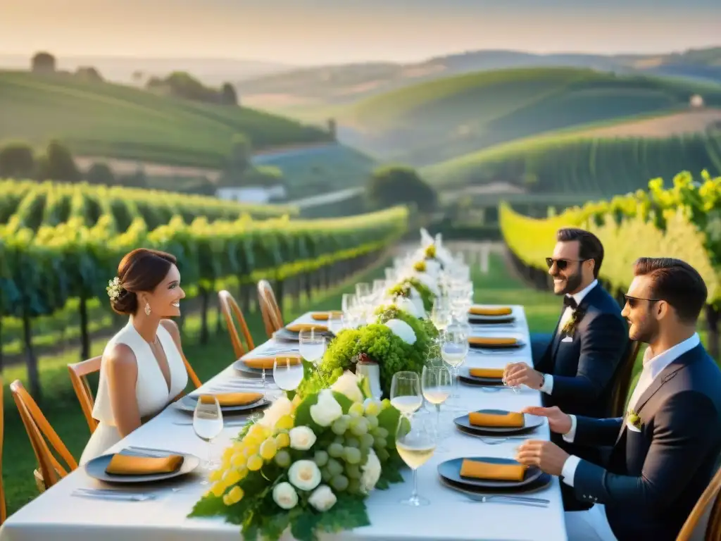 Experiencia gastronómica en Champagne Francia: Mesa elegante con manjares regionales y paisaje de viñedos al atardecer