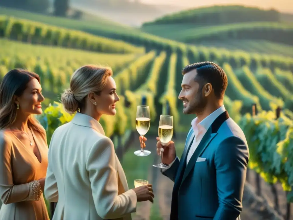 Experiencia gastronómica en Champagne Francia: Personas elegantes brindando con champán al atardecer en viñedo pintoresco