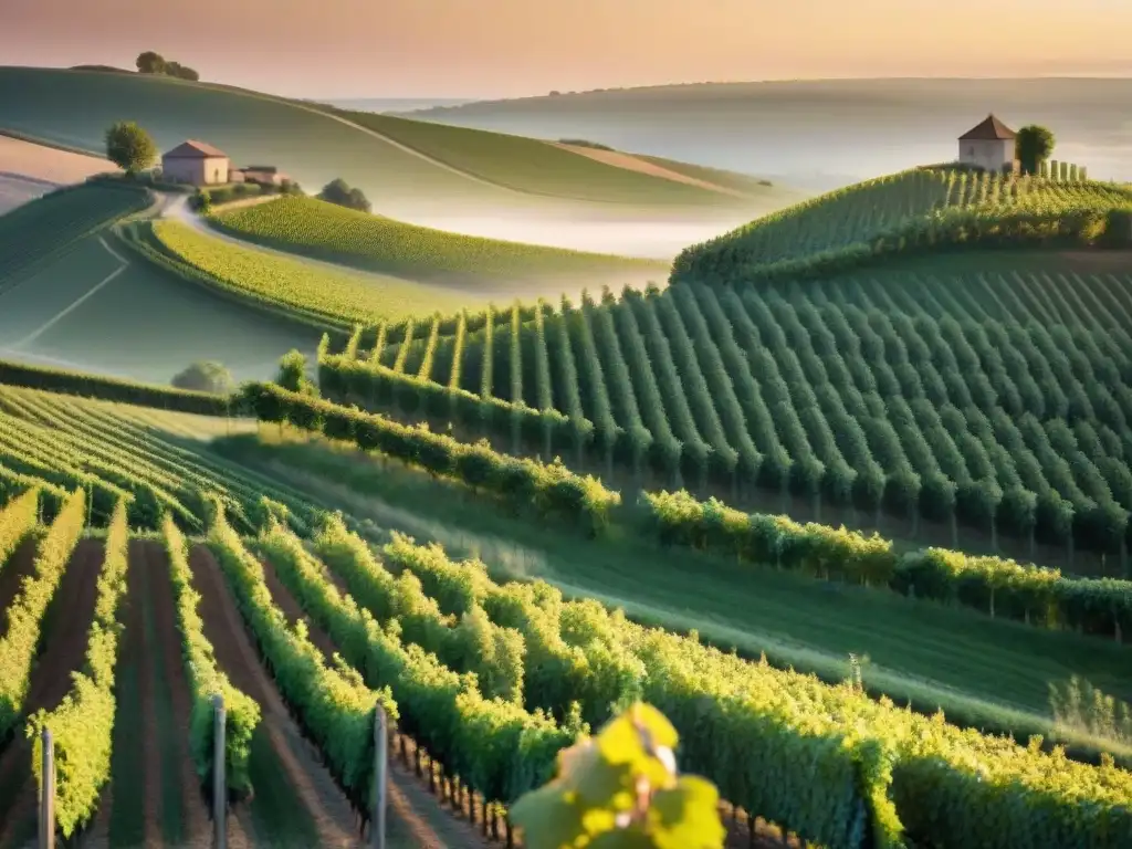 Experiencia gastronómica en Champagne Francia: viñedo al atardecer con viticultores cosechando uvas al sol poniente