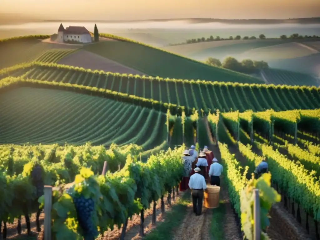 Experiencia gastronómica en Champagne Francia: Viñedos dorados al atardecer, viticultores cosechando uvas a mano