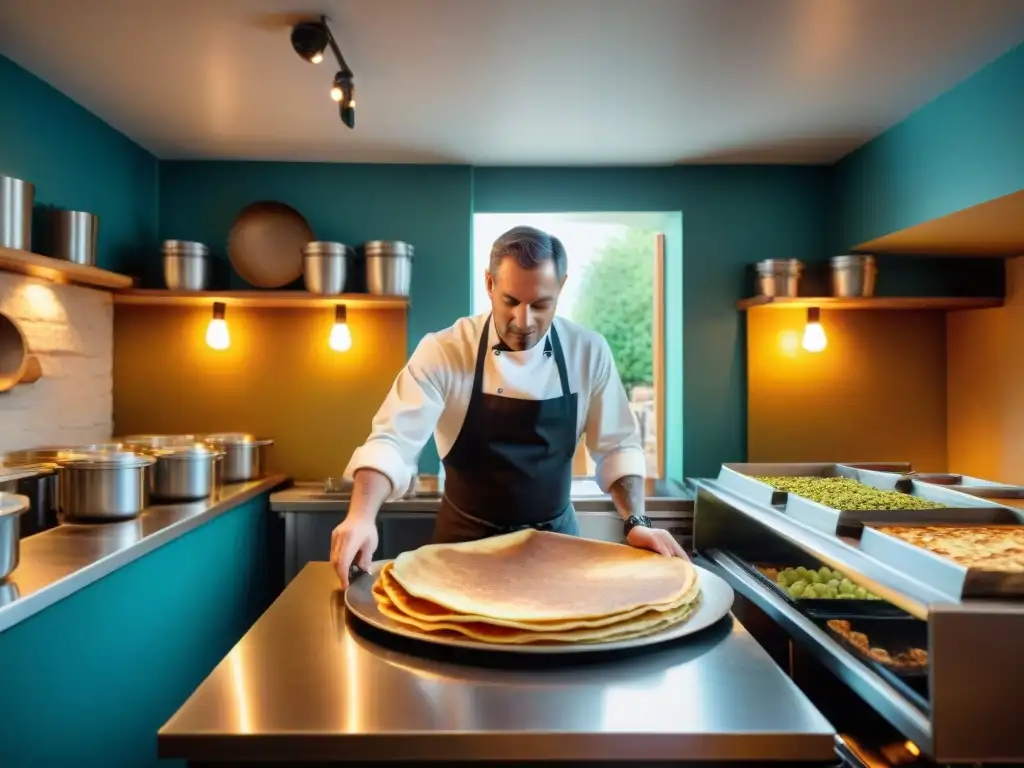 Experiencia gastronómica en Crêperie en Bretaña: Chef experto preparando crêpes en un ambiente auténtico y acogedor