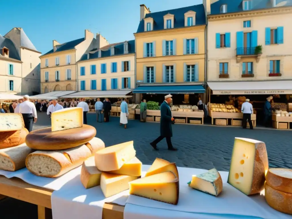 Experiencia gastronómica en Burdeos: mercado bullicioso con productos locales, quesos artesanales, pan recién horneado y vinos coloridos