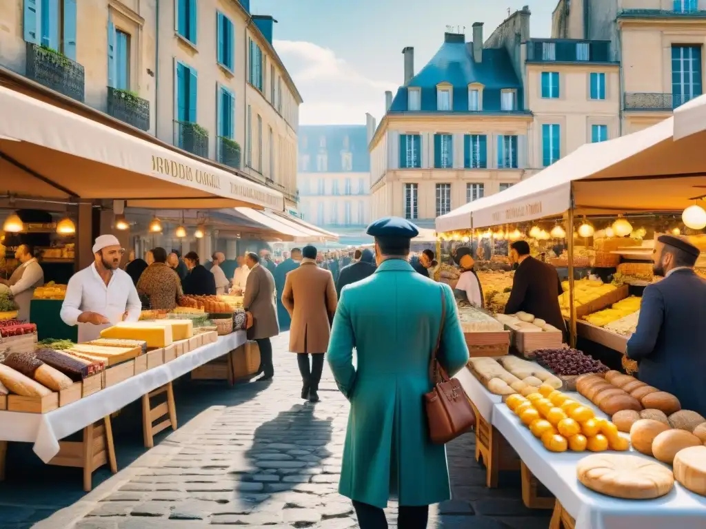 Experiencia gastronómica en Burdeos: mercado vibrante con vinos locales, quesos y panes, rodeado de arquitectura francesa tradicional