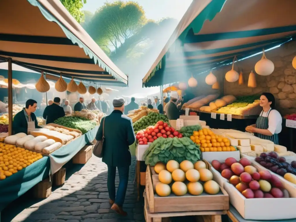 Una experiencia gastronómica en mercados franceses: escena vibrante con puestos de productos frescos y locales disfrutando de la comida y la charla