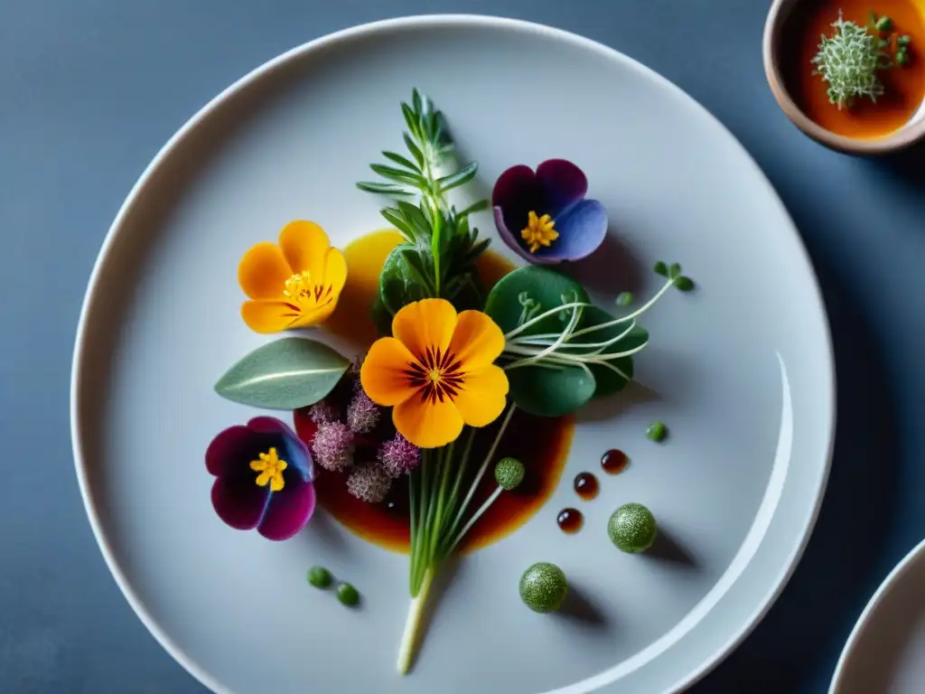 Una experiencia gastronómica en Francia: un plato michelinstar con detalles vibrantes y elegantes, en un escenario lujoso