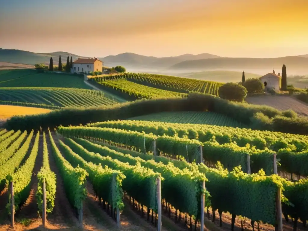 Experiencia gastronómica en Provenza: atardecer dorado sobre viñedos franceses y granja de piedra al fondo