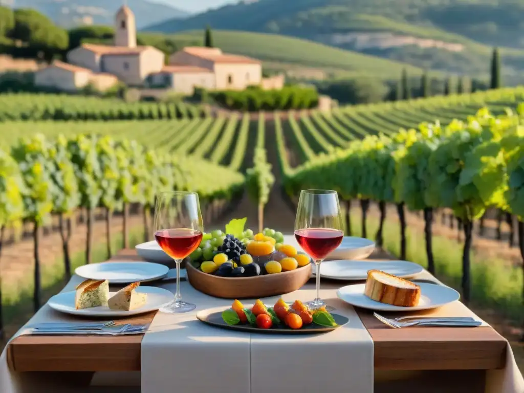 Experiencia gastronómica en Provenza: Mesa de vinos rosados y platillos tradicionales en viñedos soleados