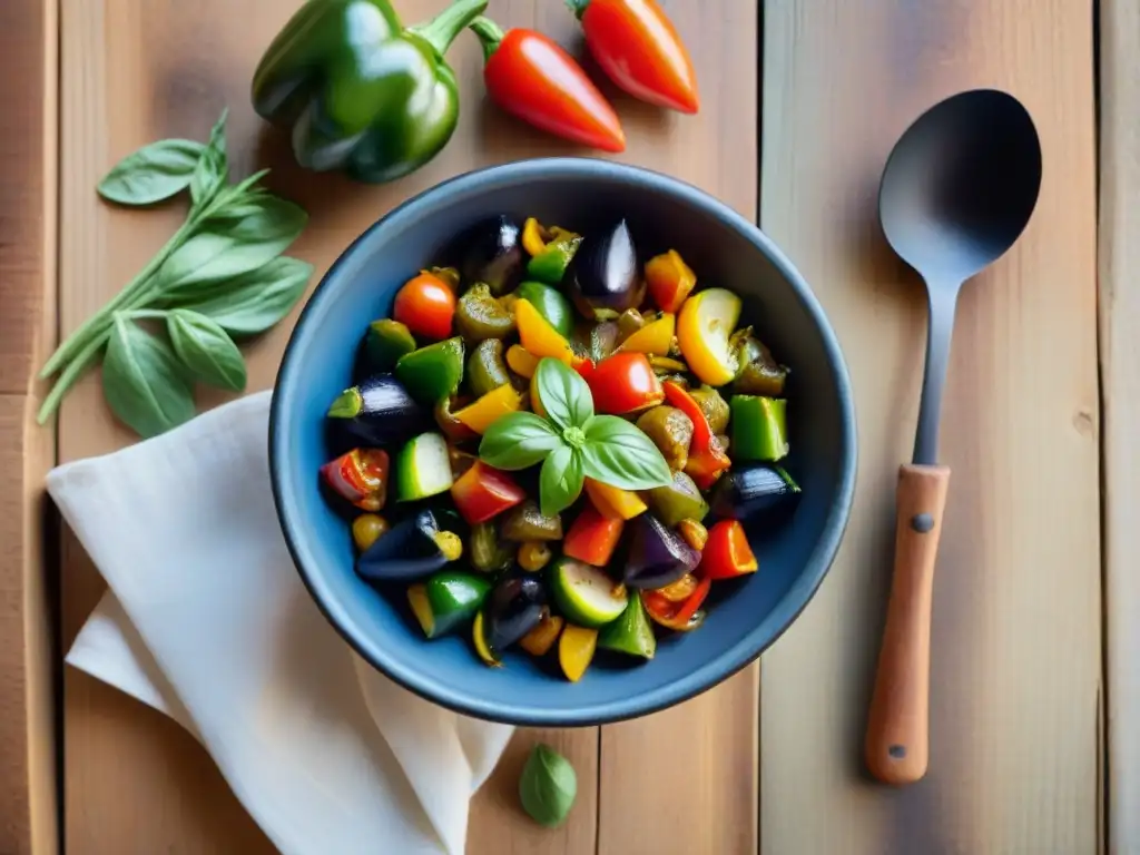 Una experiencia gastronómica en Provenza: ratatouille tradicional en un plato de cerámica rústico, sobre mesa de madera envejecida