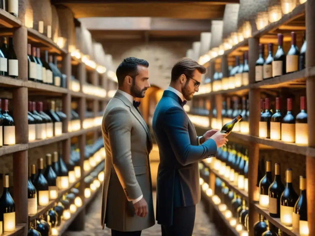 Experiencia única cata vinos antiguos Francia: Sommeliers inspeccionando botellas en bodega centenaria