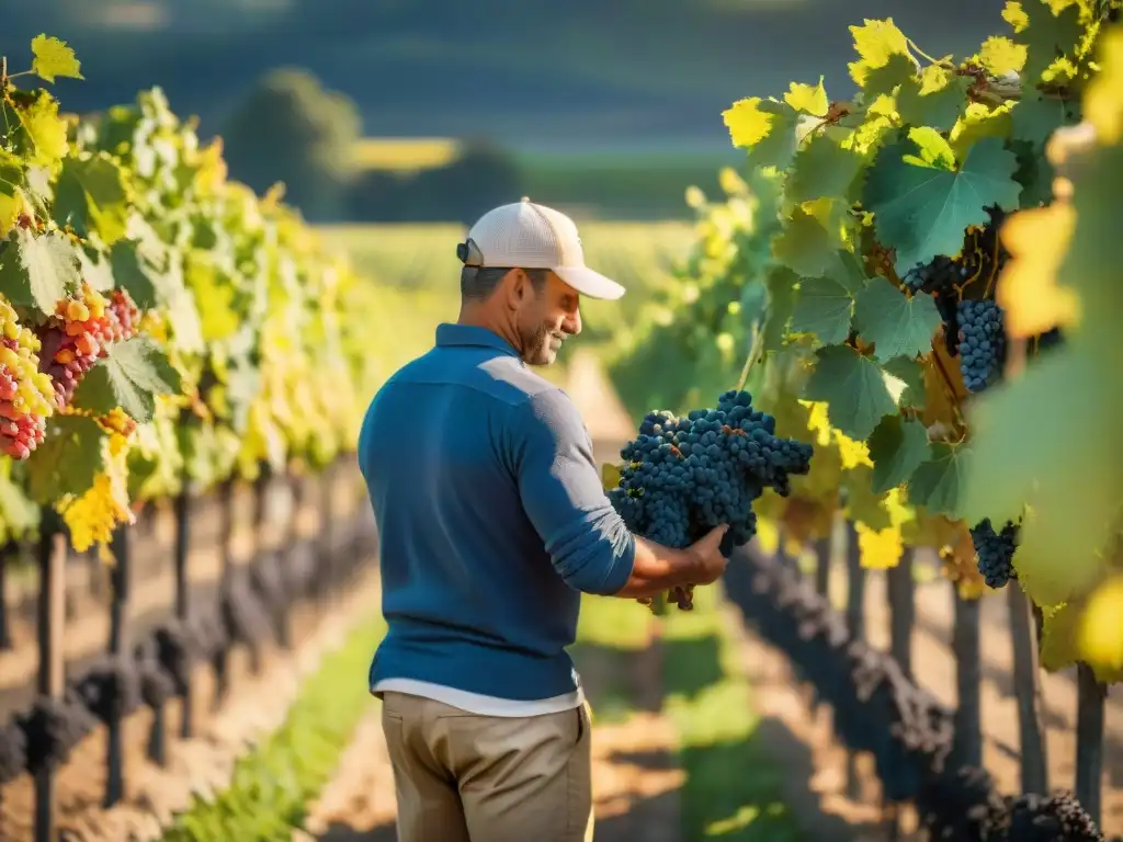 Experiencia vinícola en Bordeaux: Equipo cosechando uvas a mano bajo el sol dorado en un viñedo pintoresco