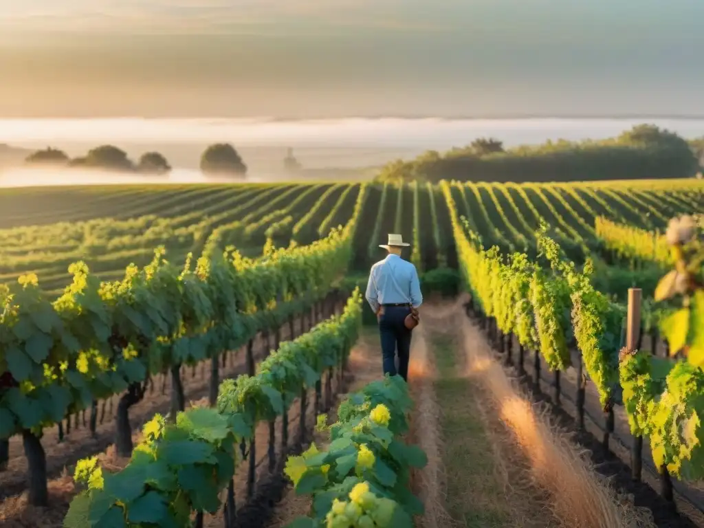 Experiencia vinícola en Bordeaux: Viñedo dorado al atardecer con viticultor inspeccionando uvas