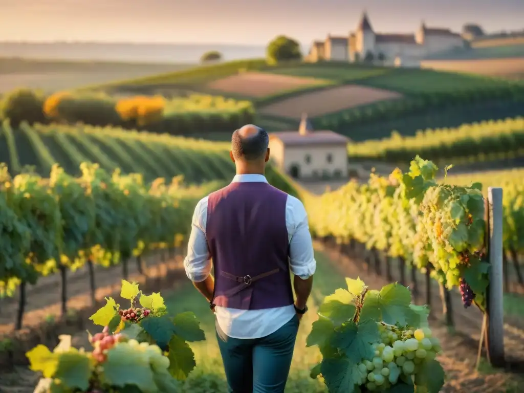 Experiencia vinícola en Bordeaux: Viñedo exuberante al atardecer con viñedos y bodeguero inspeccionando uvas maduras